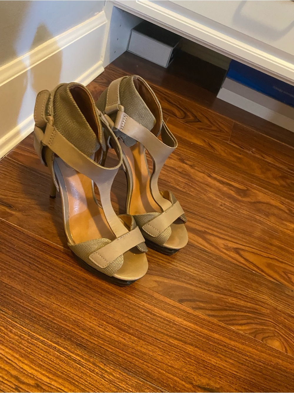 L.A.M.B. Taupe Open-Toe T-Strap High Heels